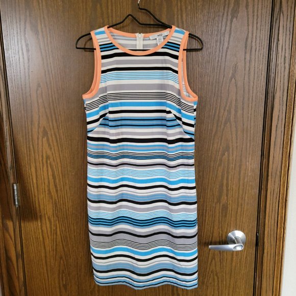 Wisp Sleeveless Coral and Blue Striped Sheath Dress Size 8 Comfy Stretch! - Picture 3 of 10